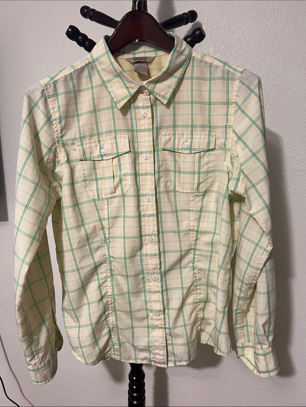 Duluth Trading Co Pale Yellow and Green Plaid Button-Down Shirt